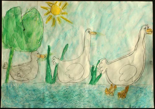 The Ugly Duckling Og lige foran ud af tykningen kom tre dejlige, hvide svaner. De bruste med fjerene og flød så let på vandet